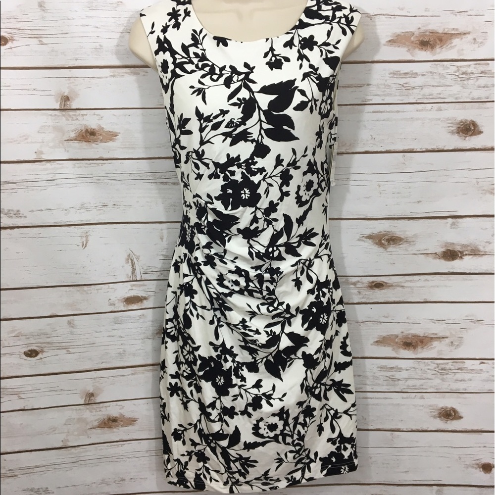 Aidan Mattox black and white floral jersey dress