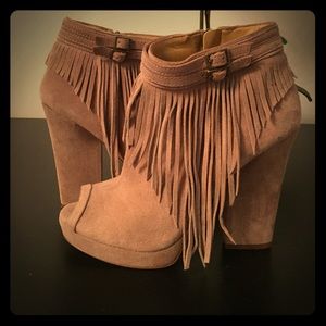 Camel suede fringe peep toe heels