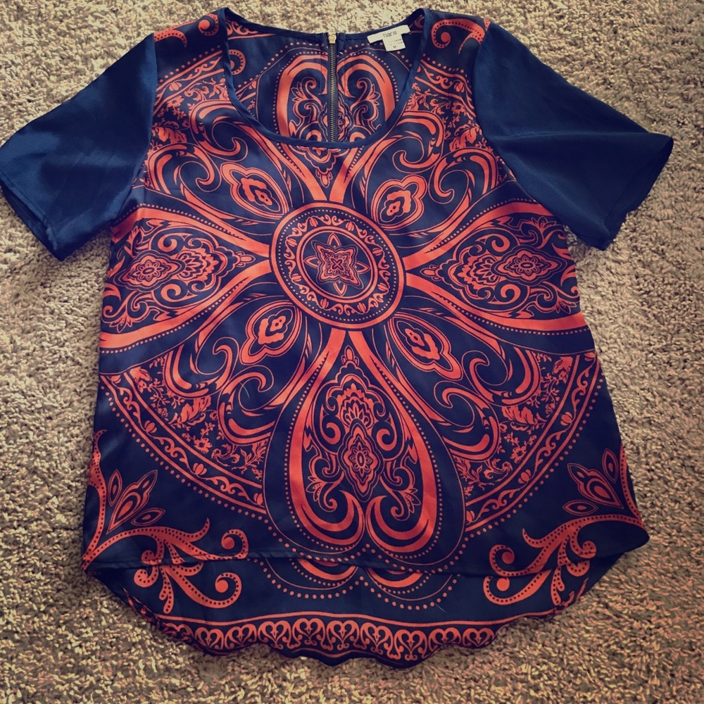 Navy and orange shirt sleeve sheer blouse