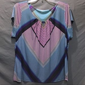 Worthington Woman Purple Teal Geometric Top 3X EUC