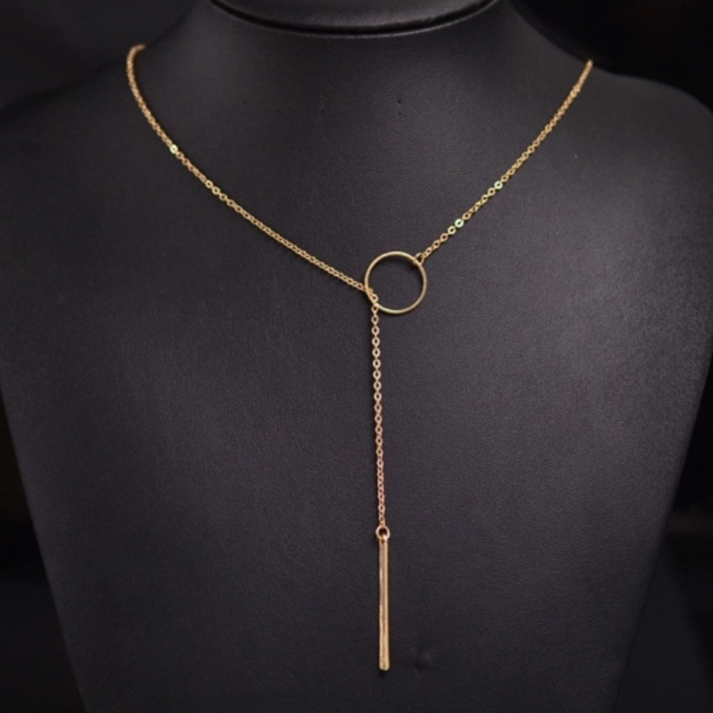 Y-SHAPE BAR CIRCLE LARIAT GOLD NECKLACE