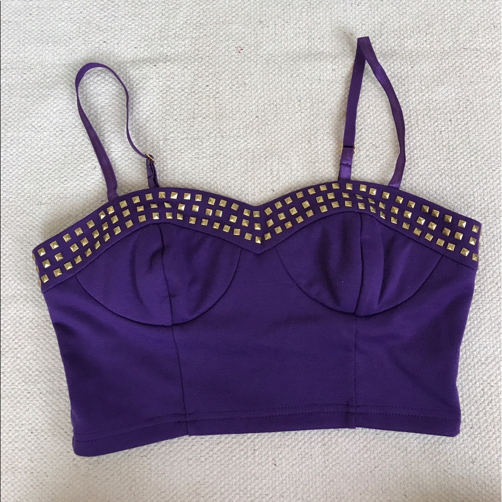 Purple crop top with gold studs and zipper back