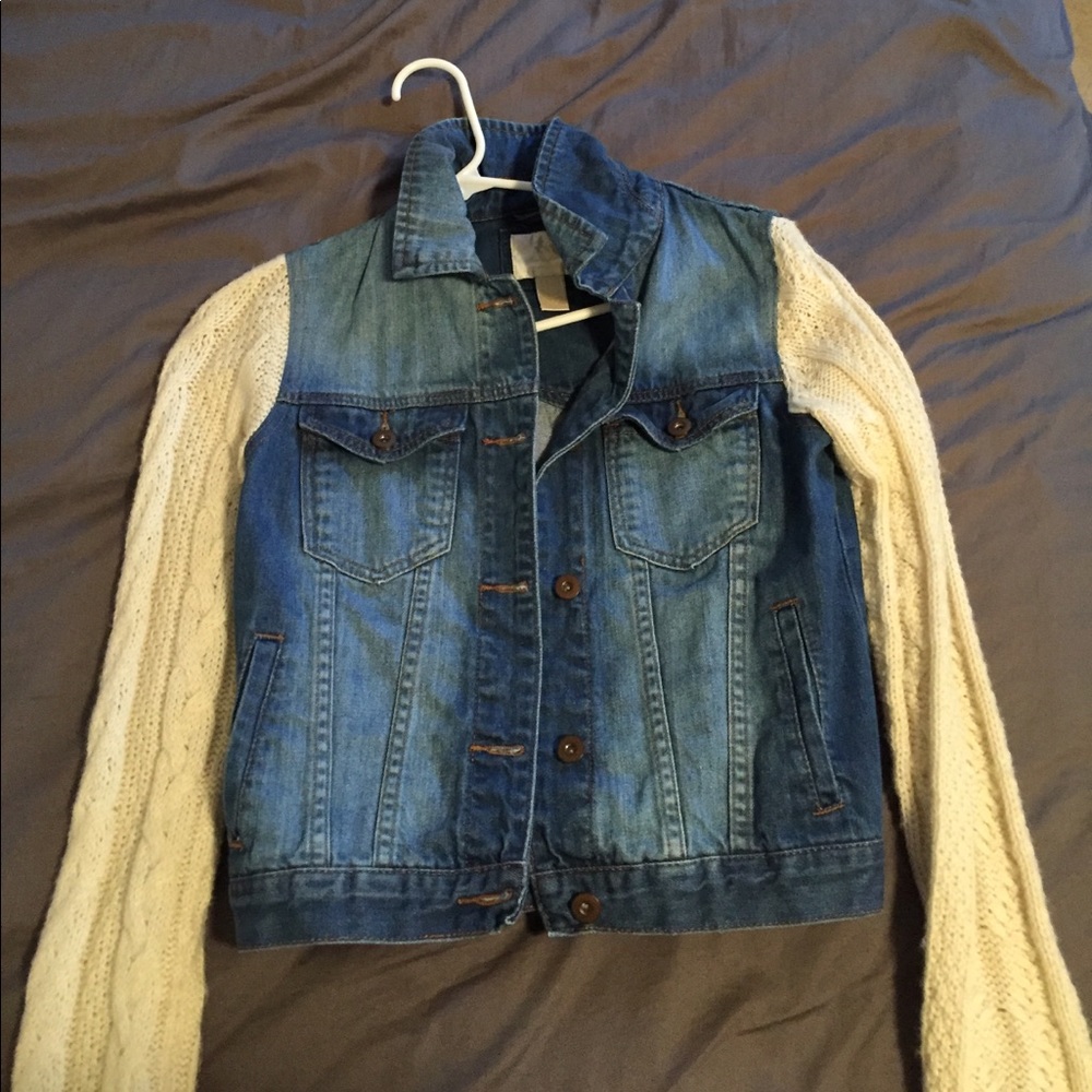 Denim jean jacket with sweater sleeves