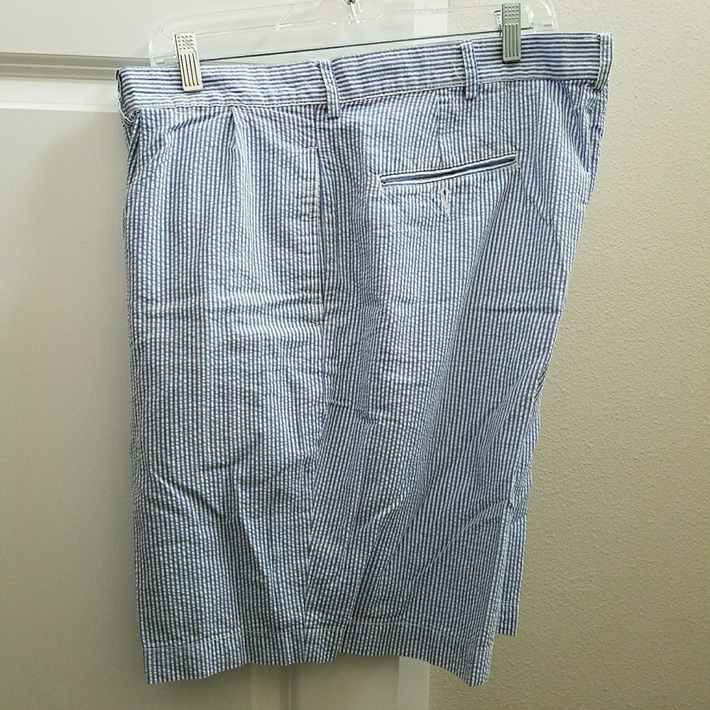 Blue and white seersucker shorts.
