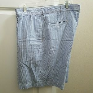 Blue and white seersucker shorts.