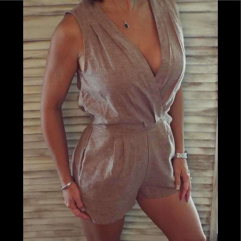 Linen Sleeveless Romper Tan - Picture 2 of 5