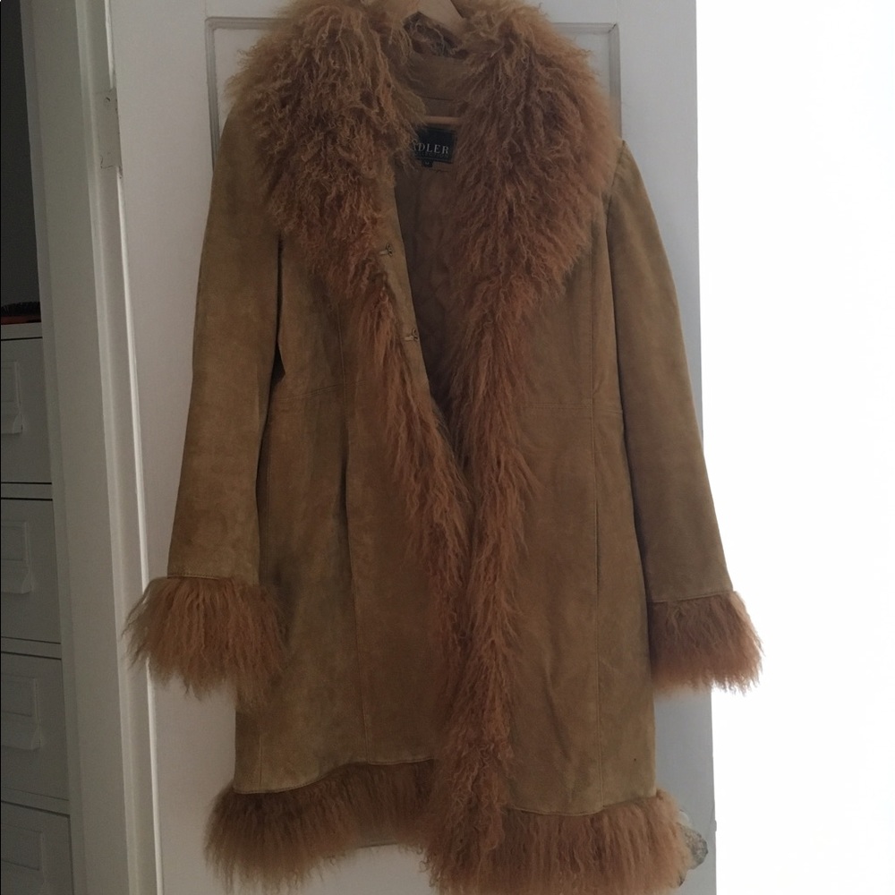 tan long suede jacket with furry collar