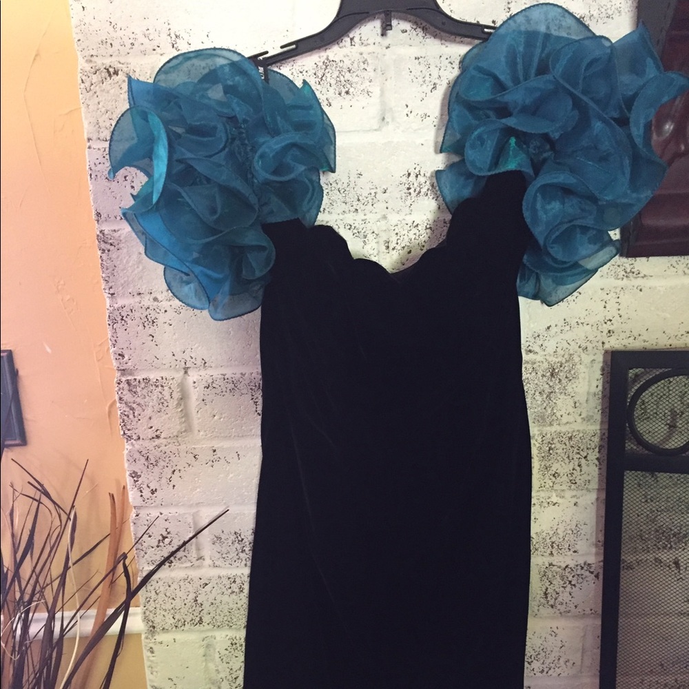 Zum Zum Black Velour Dress with Teal Sleeves