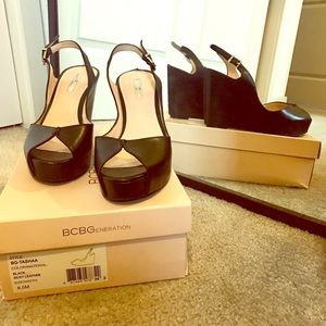 BCBG Peep Toe Leather Wedges