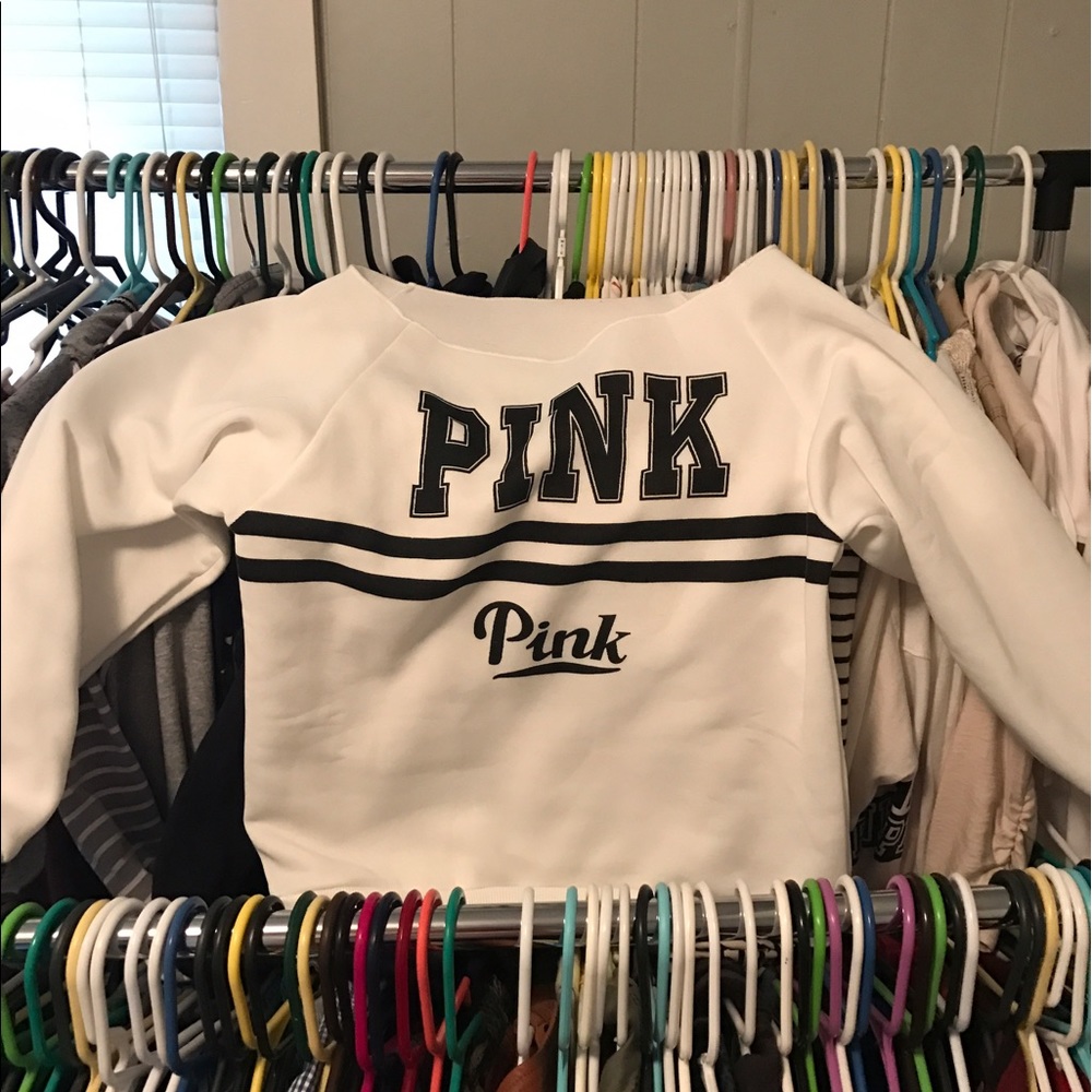 "vS pink" over the shoulder sweater