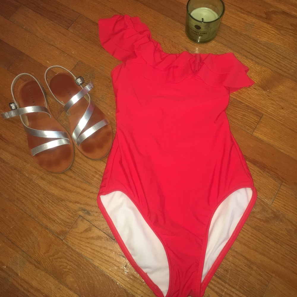 Red Ruffle One Shoulder Swim Suit