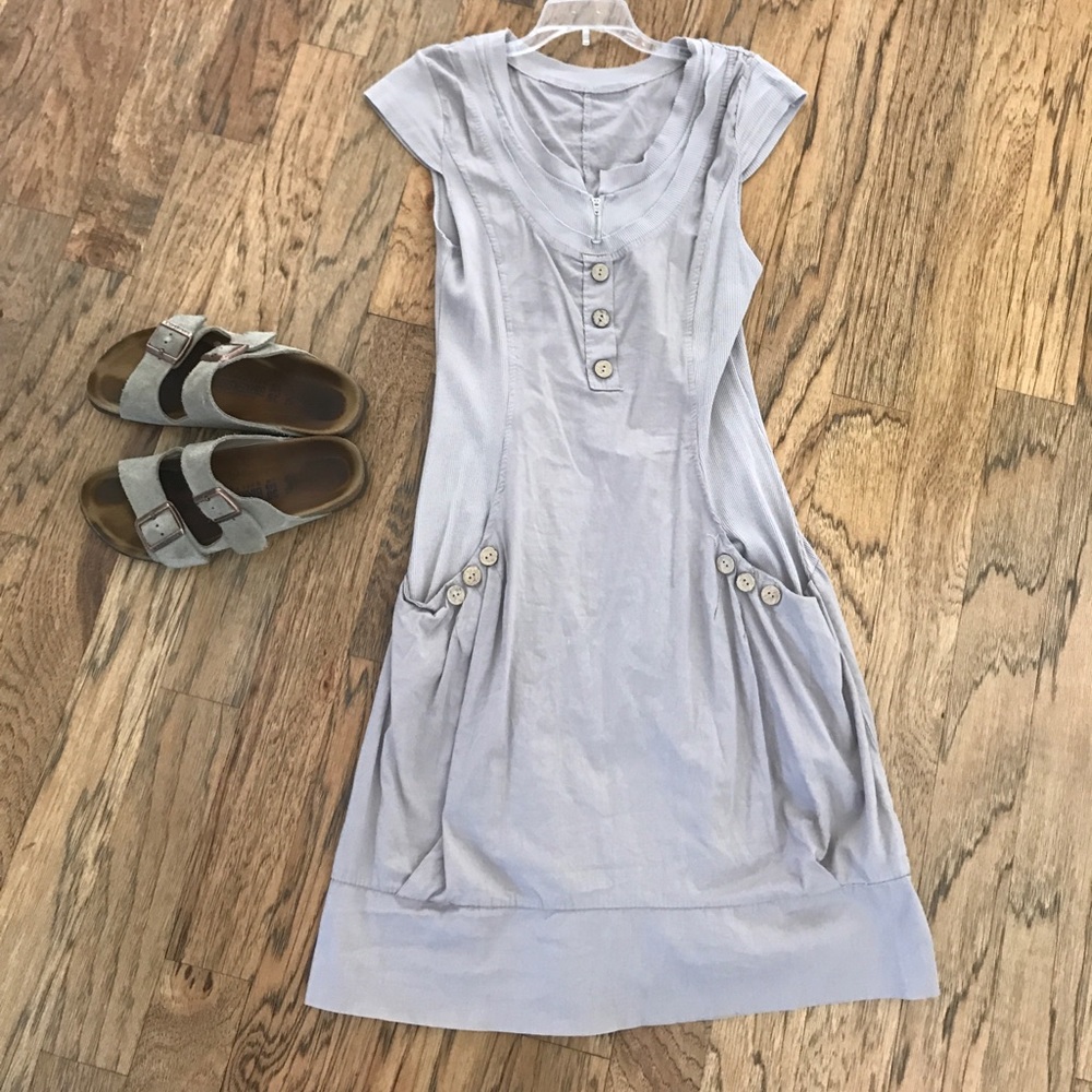 Taupe natural linen dress with wood buttons