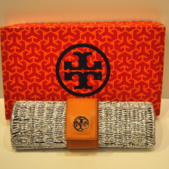 Tory Burch Bags Tory Burch Chunky Metallic Straw Cylinder Clutch