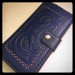 Blue large handmade leather wallet.