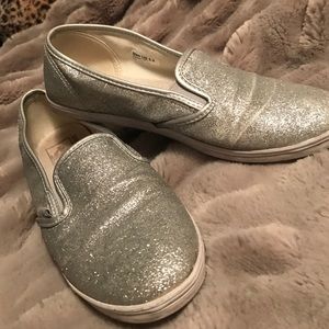 Silver glitter, slide on Vans.