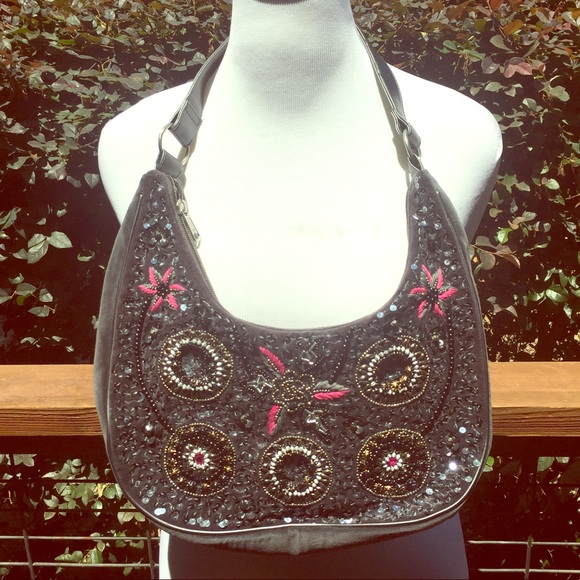 Unique Gray Velvet Purse w/ Embellishment OS from