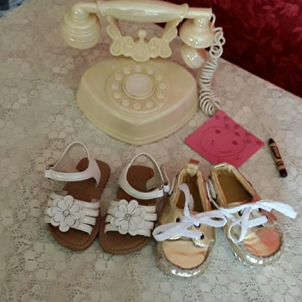Wht. Flower Sandals Sz 1 & Gold Moccasins Sz 6/9 m