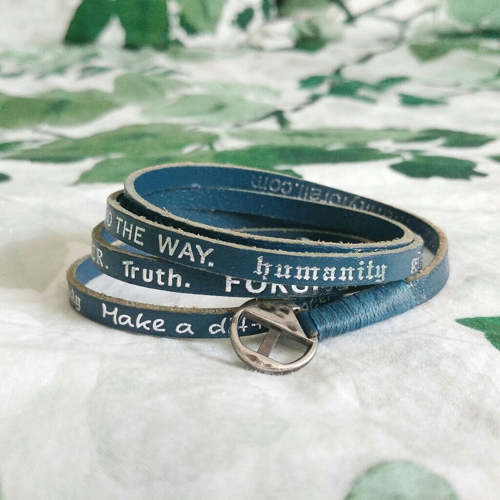 Blue Leather Wrap Bracelet w/ Inspirational Words