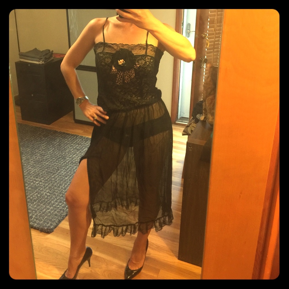Vintage lace silk black nightgown chemise dress 10
