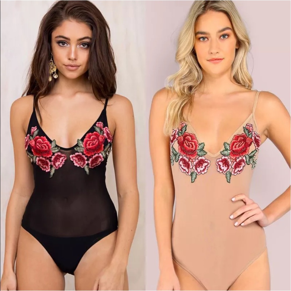 Floral embroidered sheer bodysuit top nude - Picture 2 of 6