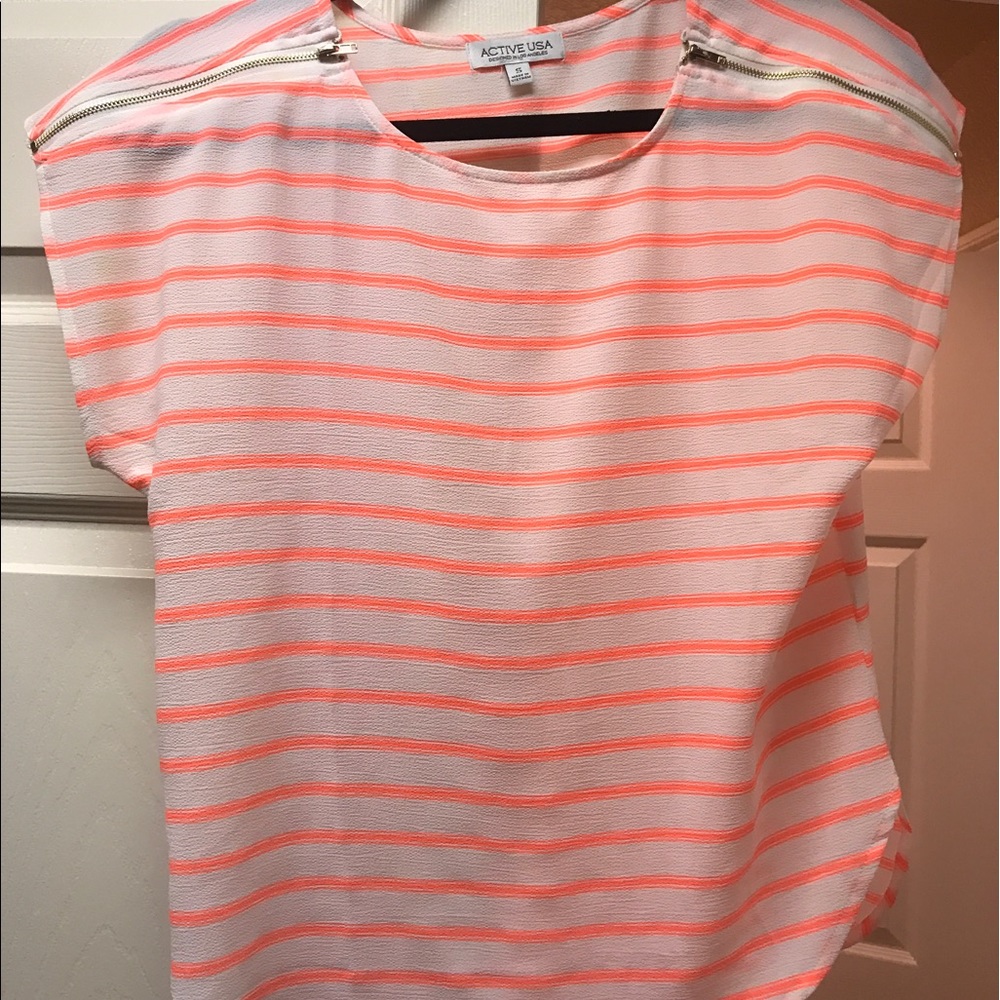 Coral and cream blouse