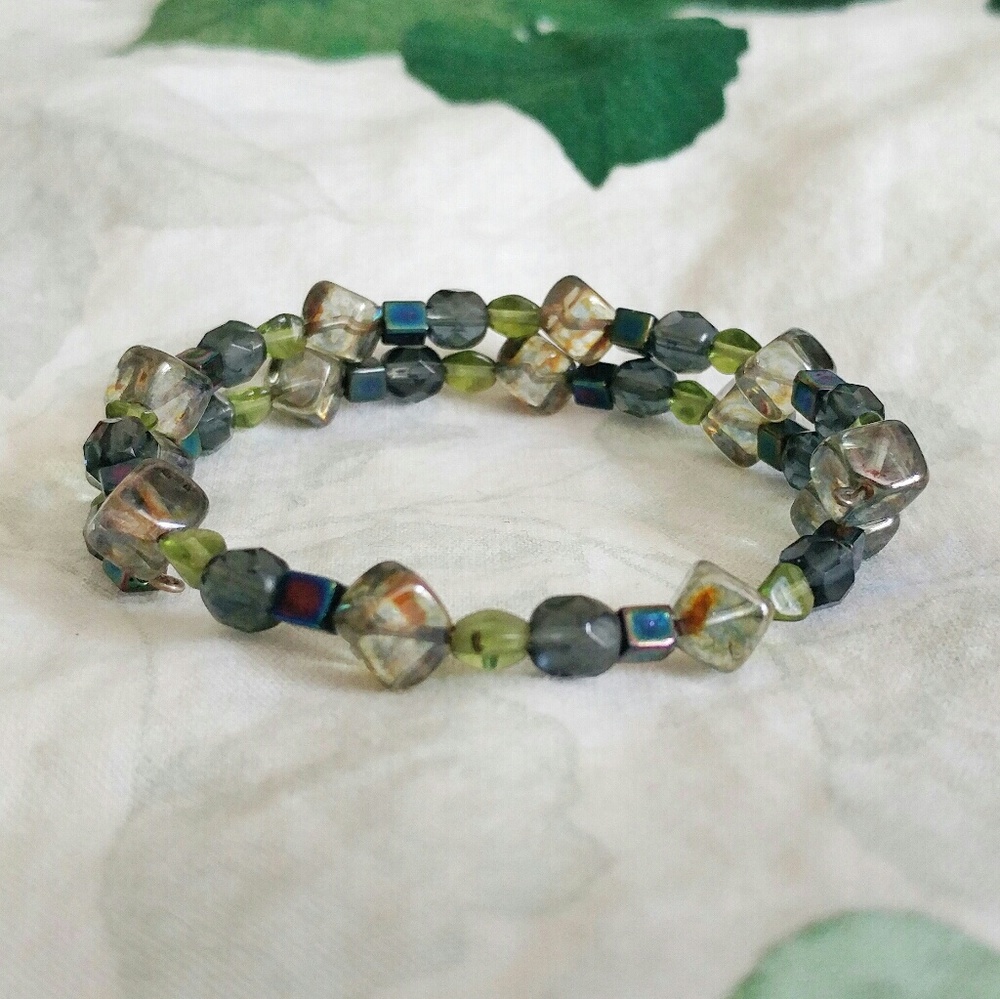 Blue, Green Beaded Stretch Bracelet