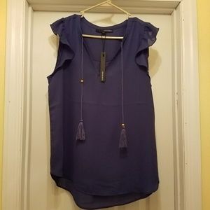 Navy Tassel-Accent Flutter-Sleeve Top