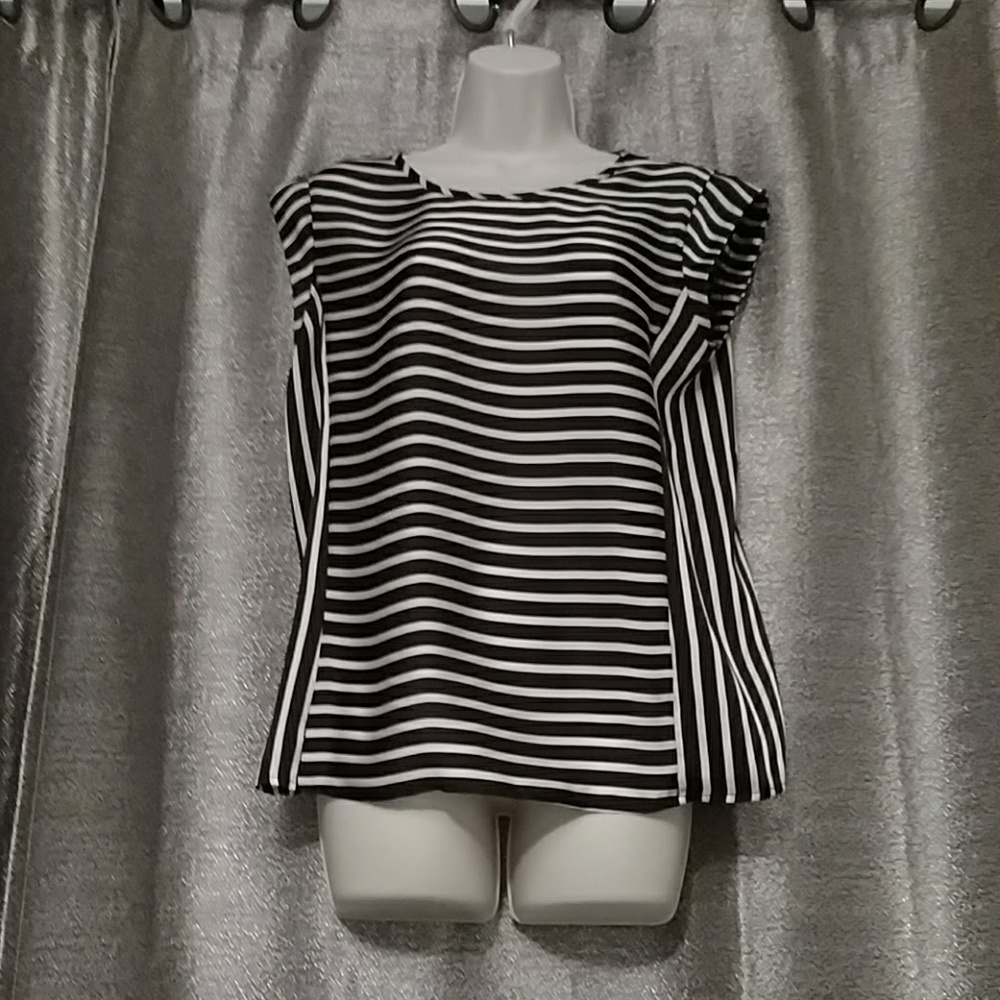 White and Black Capped Sleeve Striped Blouse