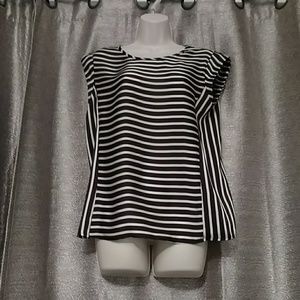 White and Black Capped Sleeve Striped Blouse