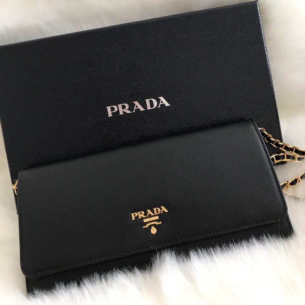 Prada saffiano wallet on a chain