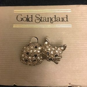 Cat Pin with Black and Clear Rhinestones