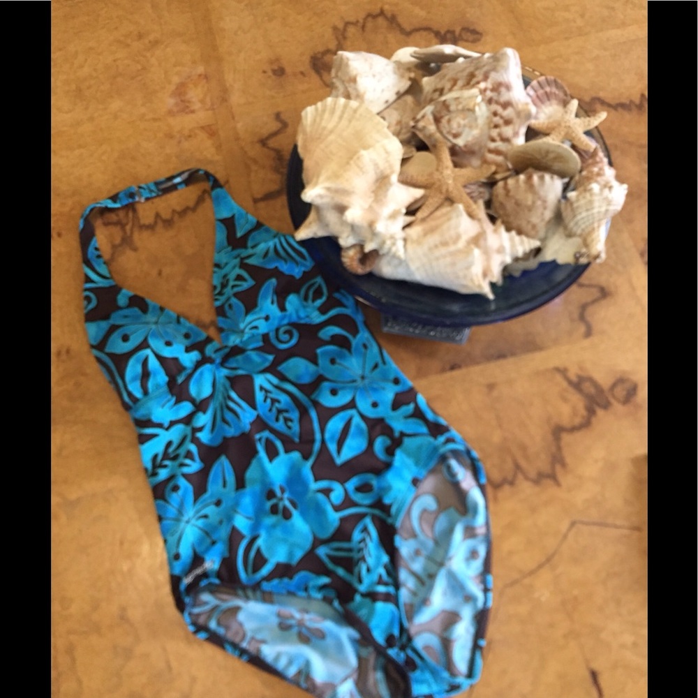 Size 12 Speedo.Black and blue one piece halter top