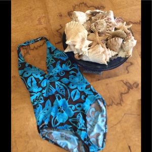 Size 12 Speedo.Black and blue one piece halter top