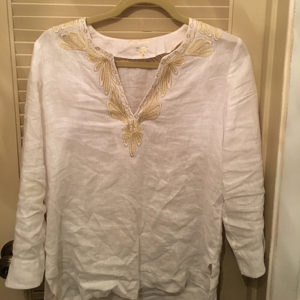 White and gold Lilly Pulitzer linen shirt