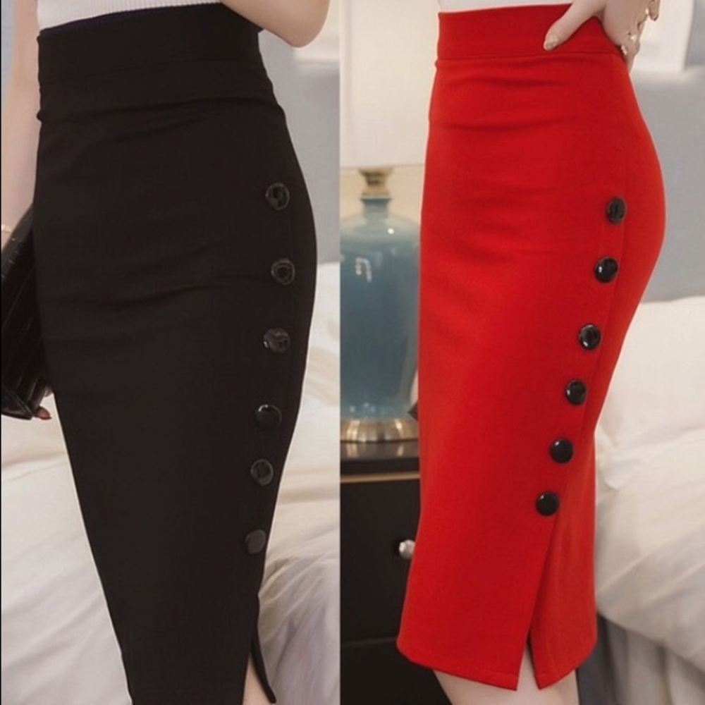 Black pencil skirt with buttons down one side