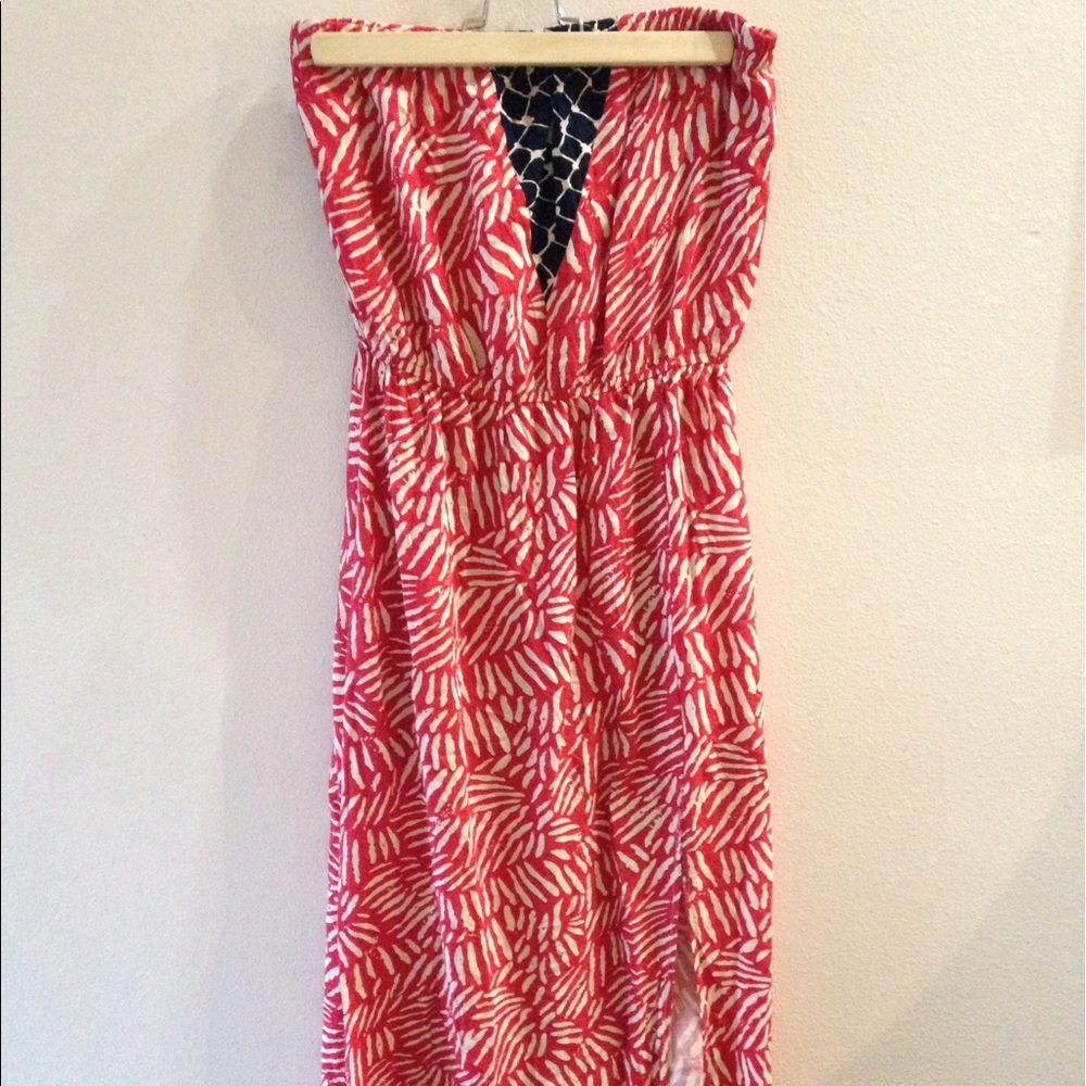 Red and blue strapless Maxi dress with slit