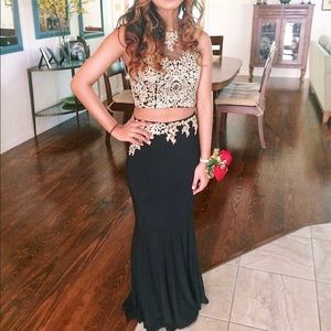 Black and gold two piece prom dress