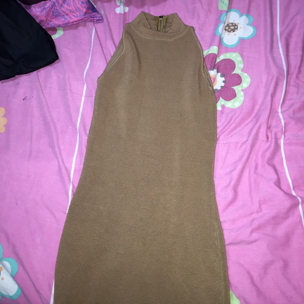 Sleeveless turtle neck tan dress