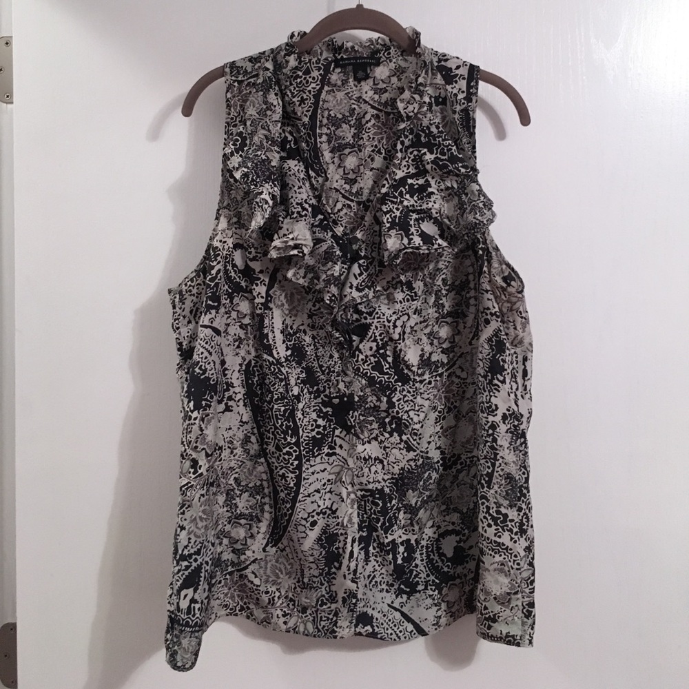 Navy Print Ruffle V-Neck Blouse