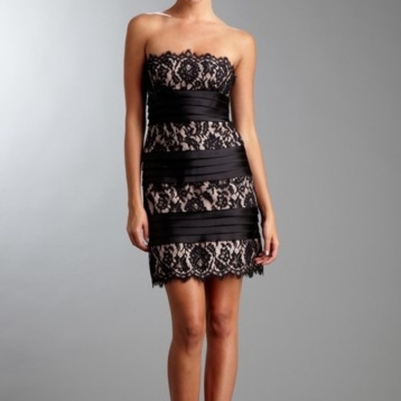 bcbg strapless embroidered lace gown