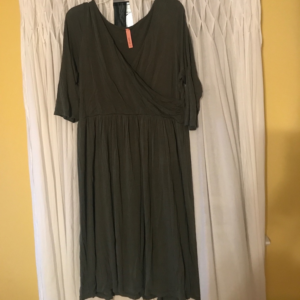 3/4 sleeve dark green faux wrap dress, ModCloth 3x