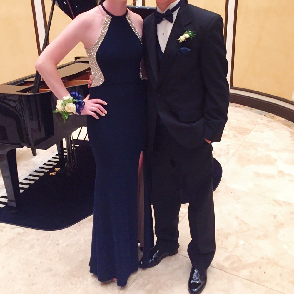 Beaded Navy Blue Halter Prom Dress