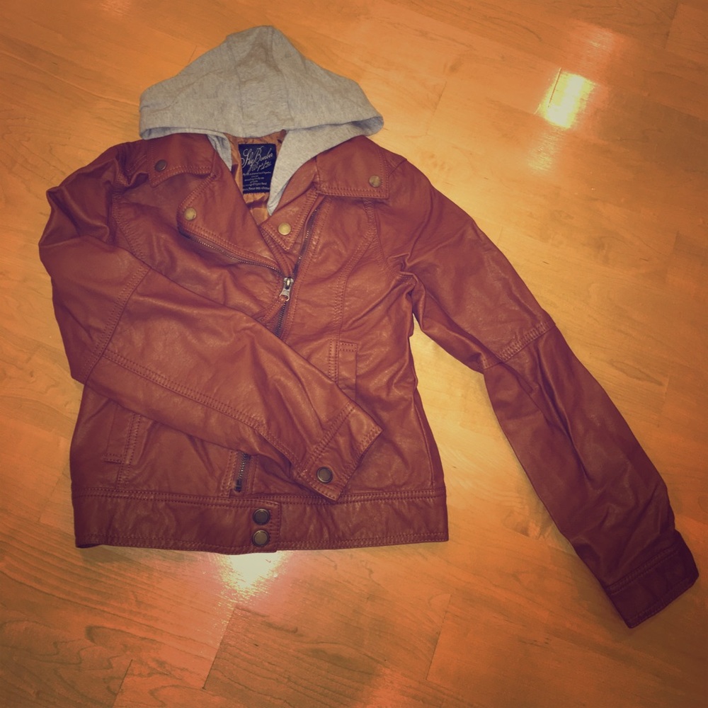 Brown faux leather jacket with grey hood
