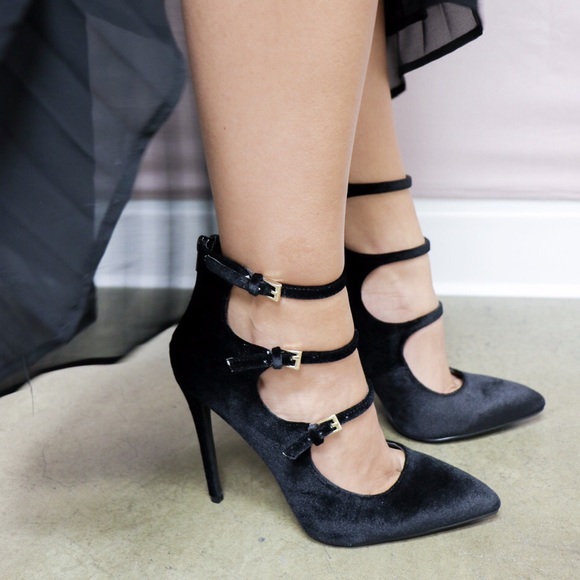 Triple Buckle Velvet Strap Stiletto High Heel Pump - Picture 2 of 3