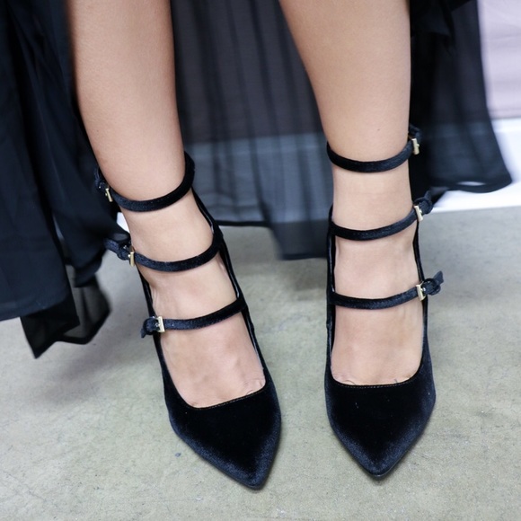 Triple Buckle Velvet Strap Stiletto High Heel Pump - Picture 3 of 3