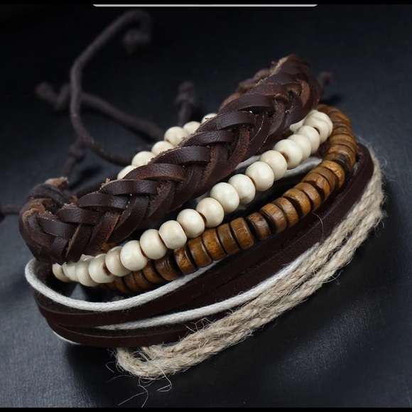 Jewelry - Set of 4 bracelets leather, beads, sisal, unisex