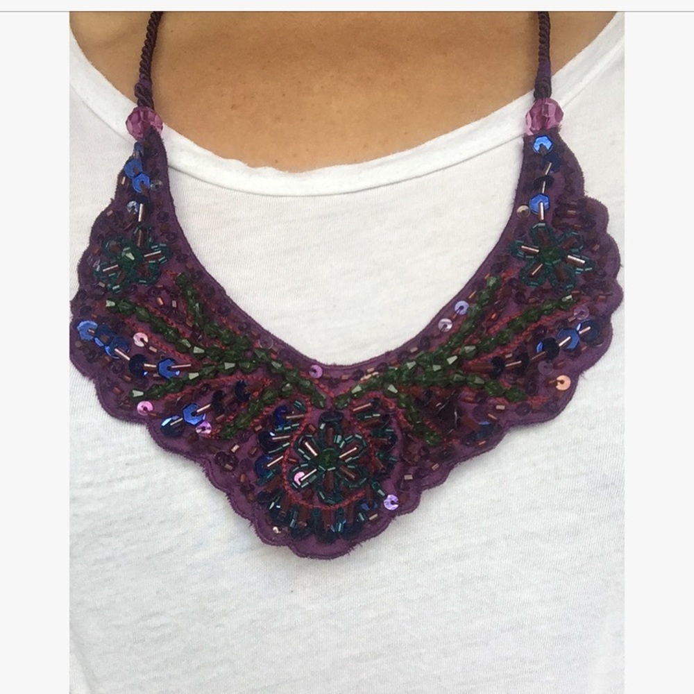 Purple Crystal Beaded Rope Cloth Bib Necklace
