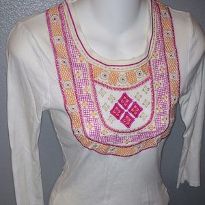 Tory Burch Embroided White 3/4 Sleeve Top Sz XS