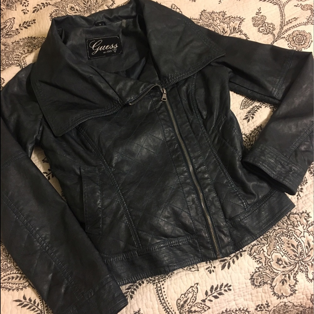 NWOT Guess black leather jacket emerald stitching