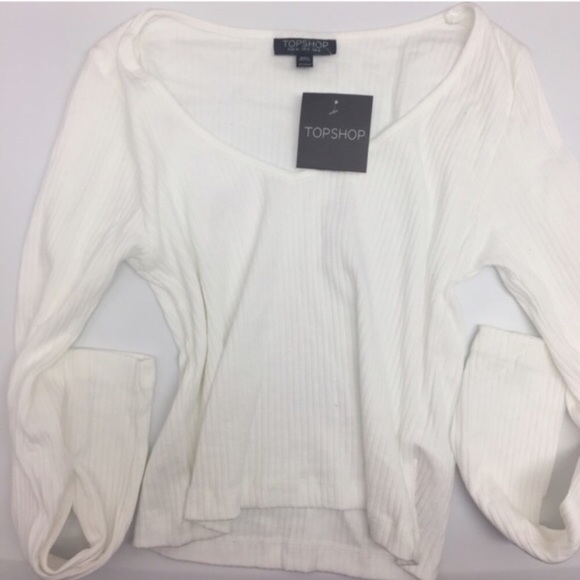 Topshop V Neck Ribbed White Crop Top Long Sleeve - Picture 2 of 3